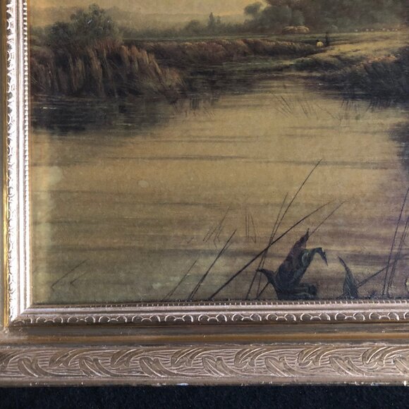 Vintage print man fishing pond river boat trees landscape framed wall decor - Picture 5 of 7